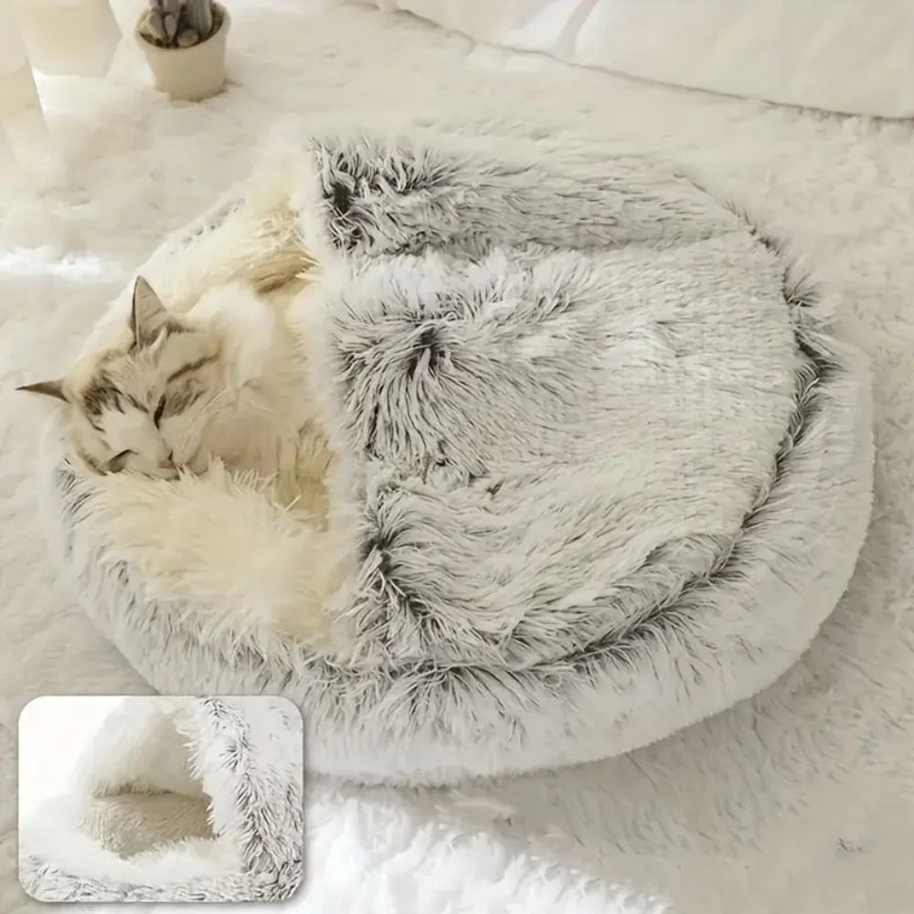 Panier rond à capuche en fausse fourrure