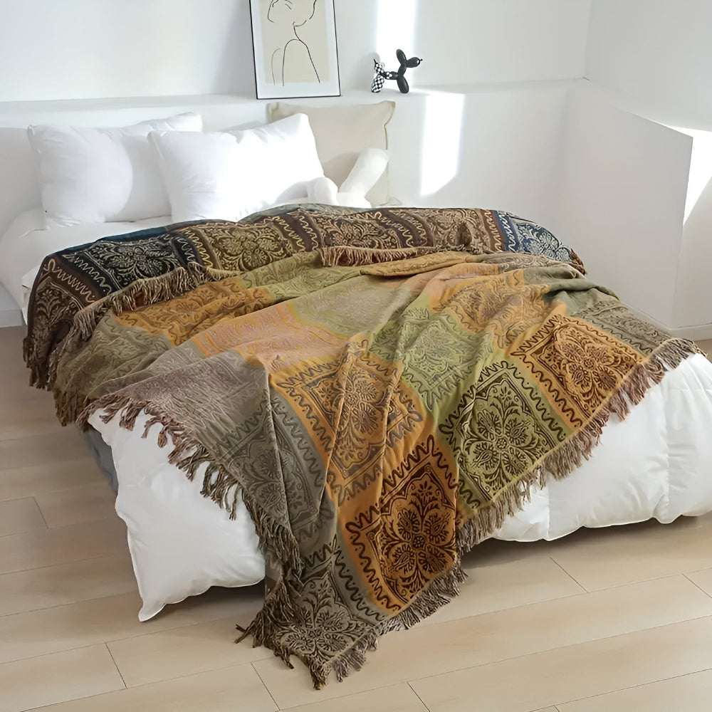 Plaid en coton à pompons mandala