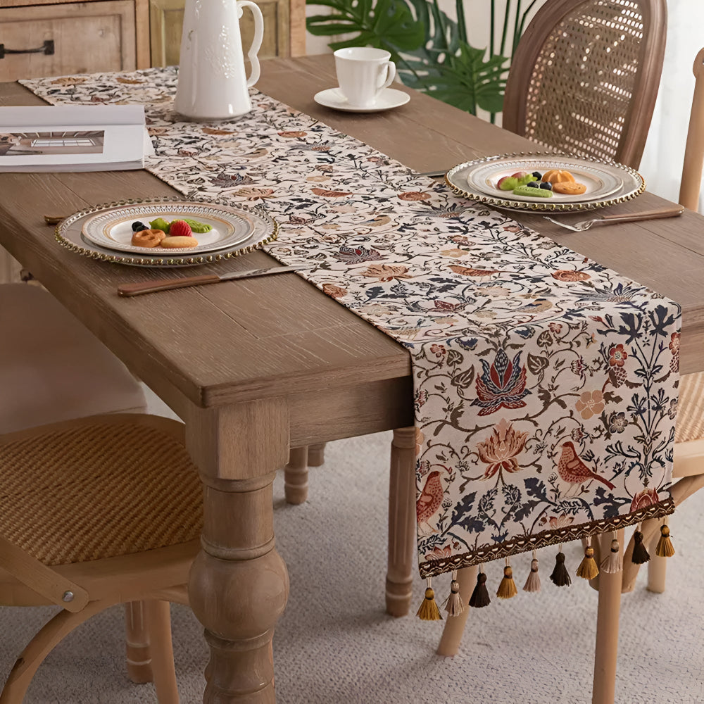 Chemin de table jacquard vintage fleurs et oiseaux
