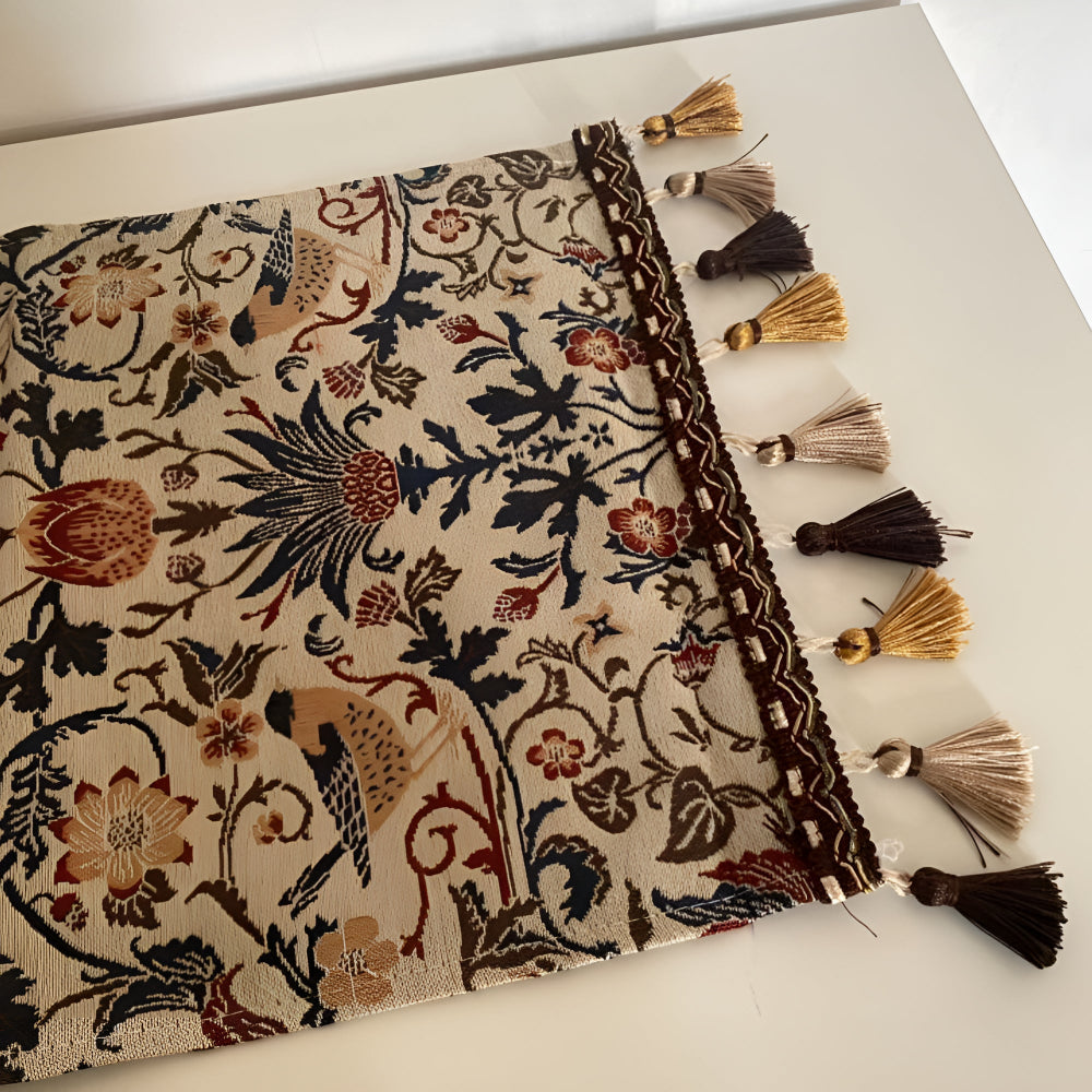 Chemin de table jacquard vintage fleurs et oiseaux