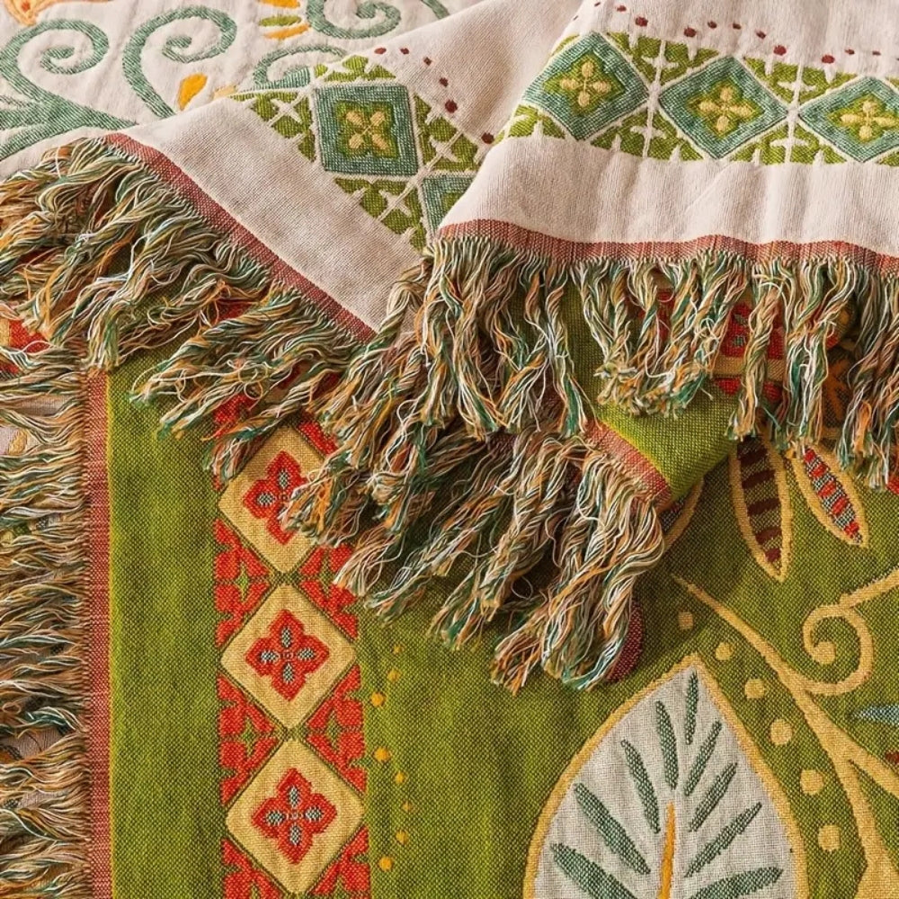 Plaid réversible en coton boho feuilles d'automne