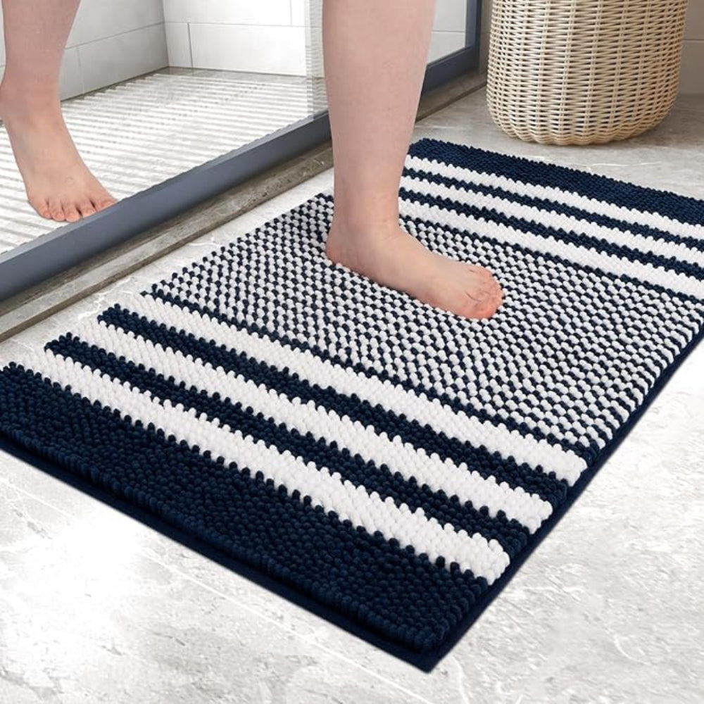 Tapis de bain en chenille rayée maille galet