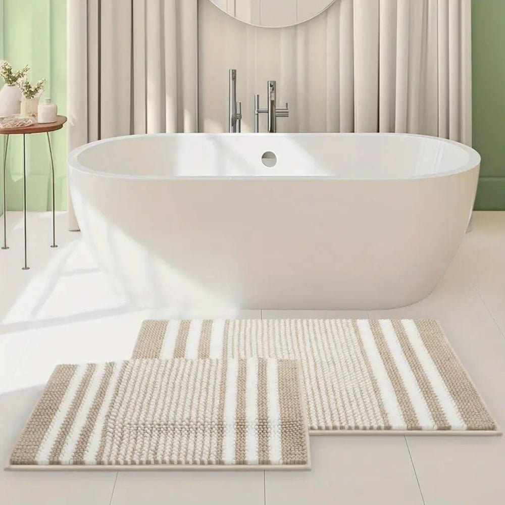 Tapis de bain en chenille rayée maille galet