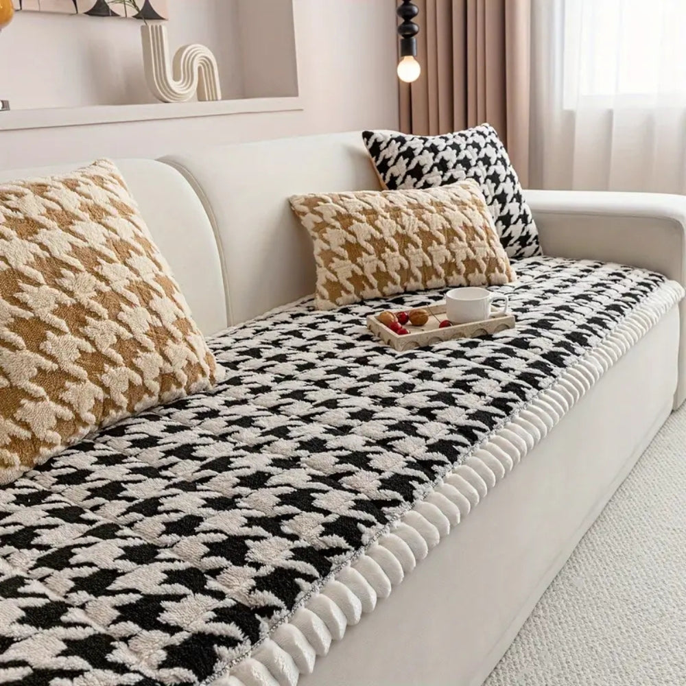 Housse de canapé et coussin pied-de-poule moelleux