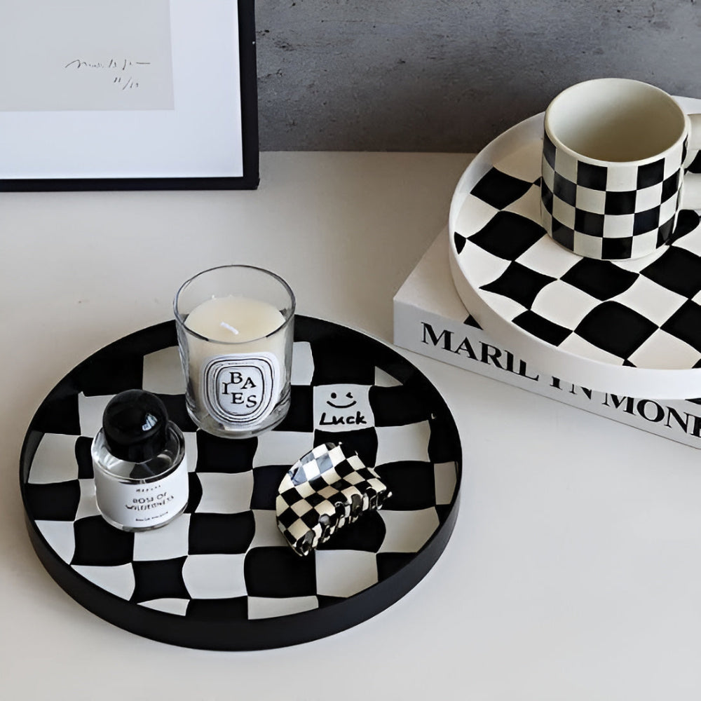 Plateau de rangement rond damier