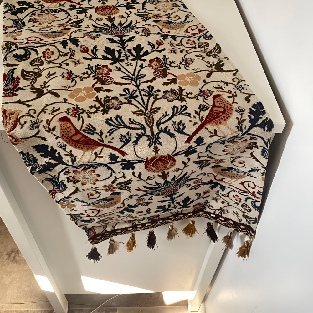 Chemin de table jacquard vintage fleurs et oiseaux