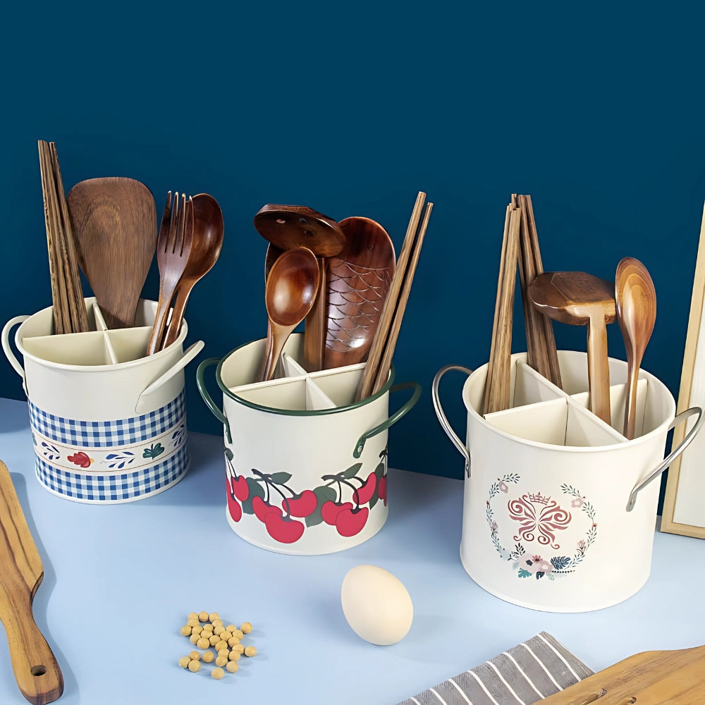 Panier à ustensiles fleuri avec couvercle séparateur – Cherry Rouge