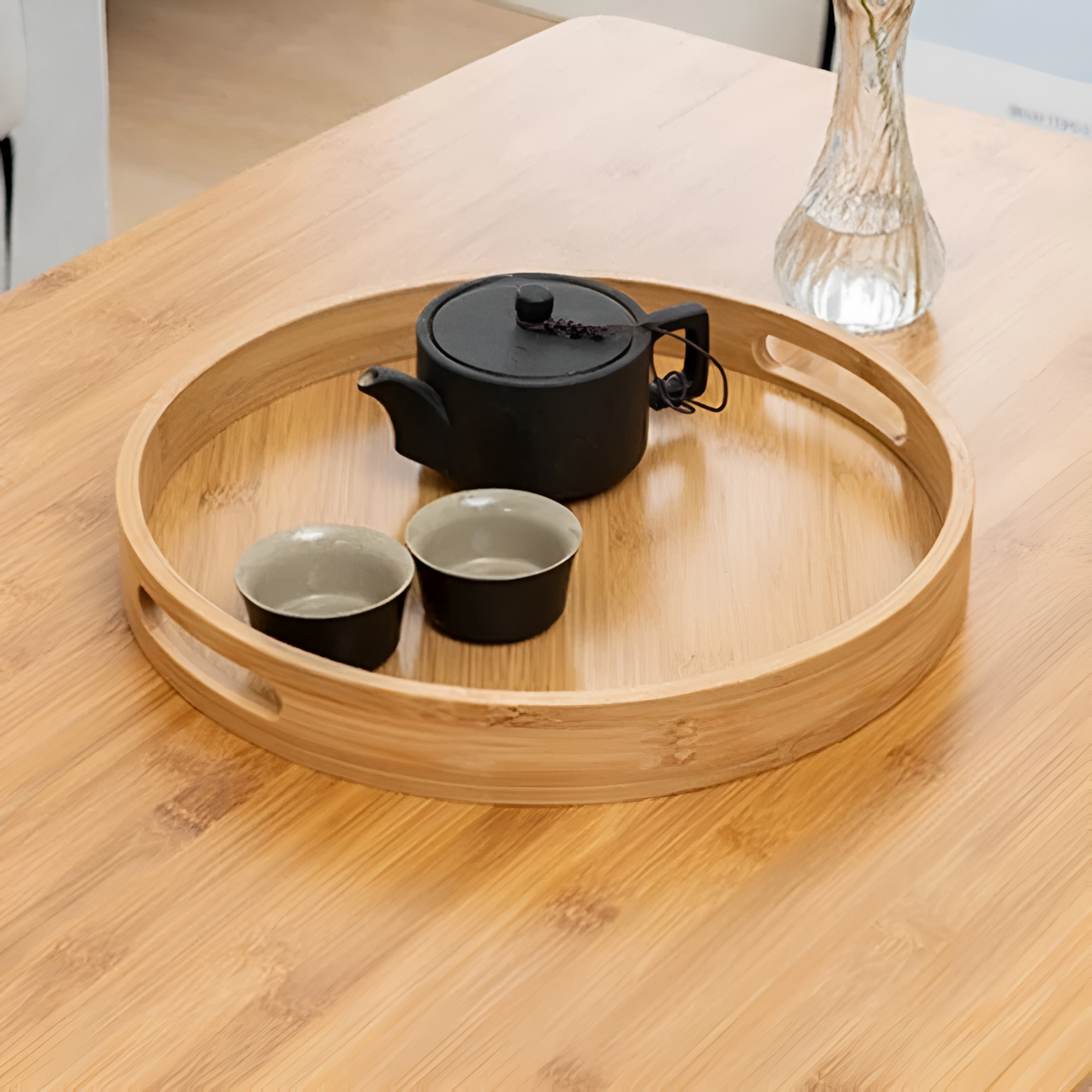 Plateau de service rond en bambou