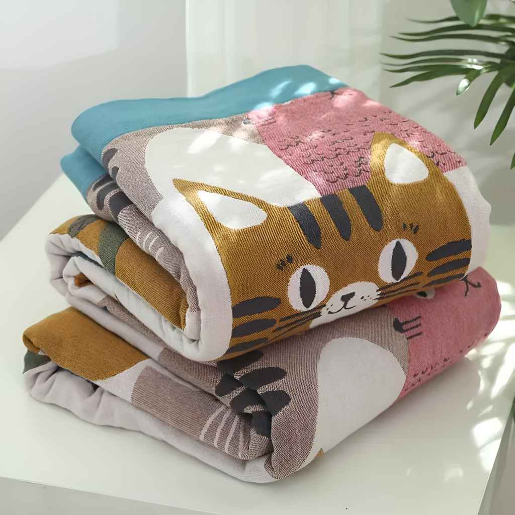Plaid réversible en coton motif chats