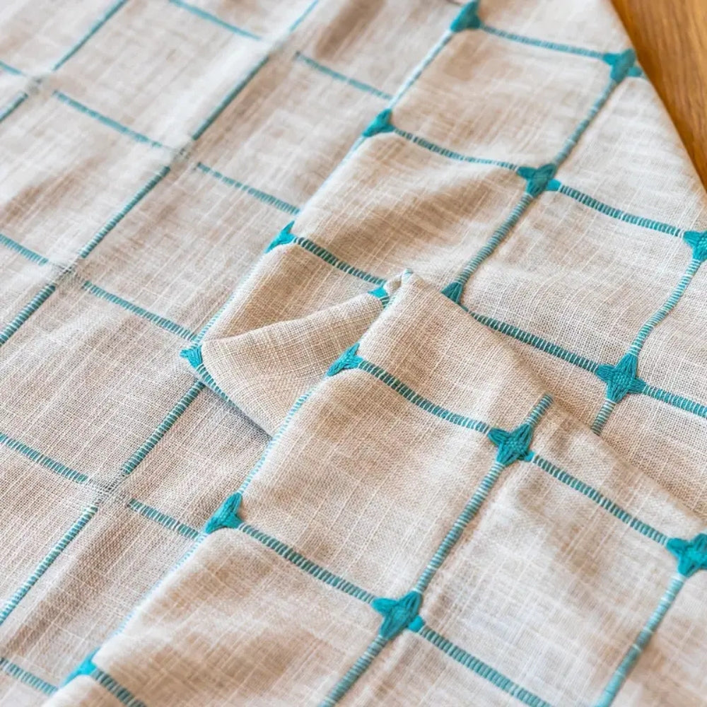 Rideau boho à pompons Turquoise Lattice