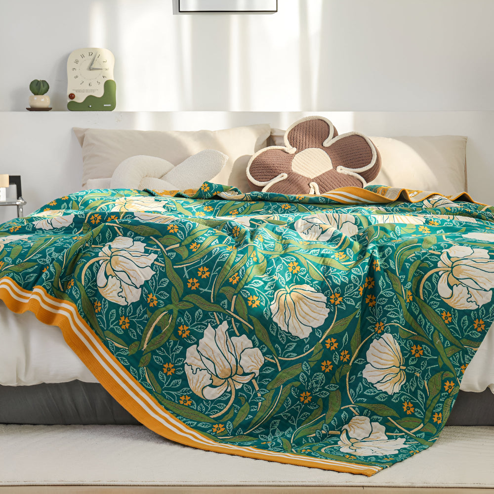 Plaid en coton botanique vert