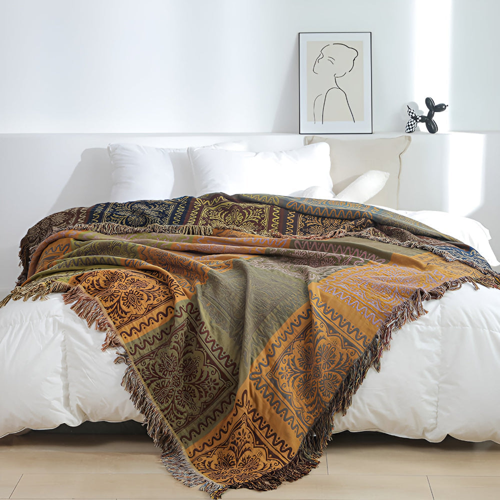Plaid en coton à pompons mandala