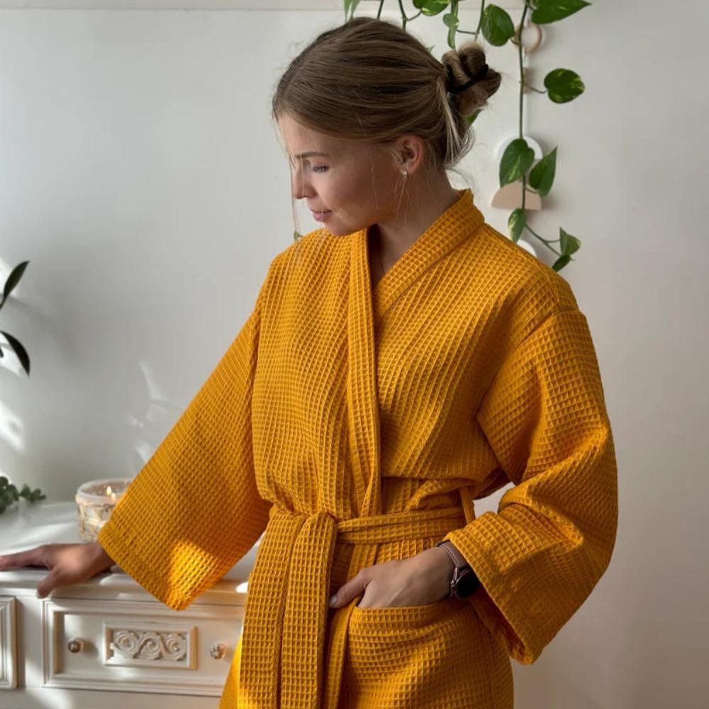 Peignoir col V en nid d'abeille – Jaune