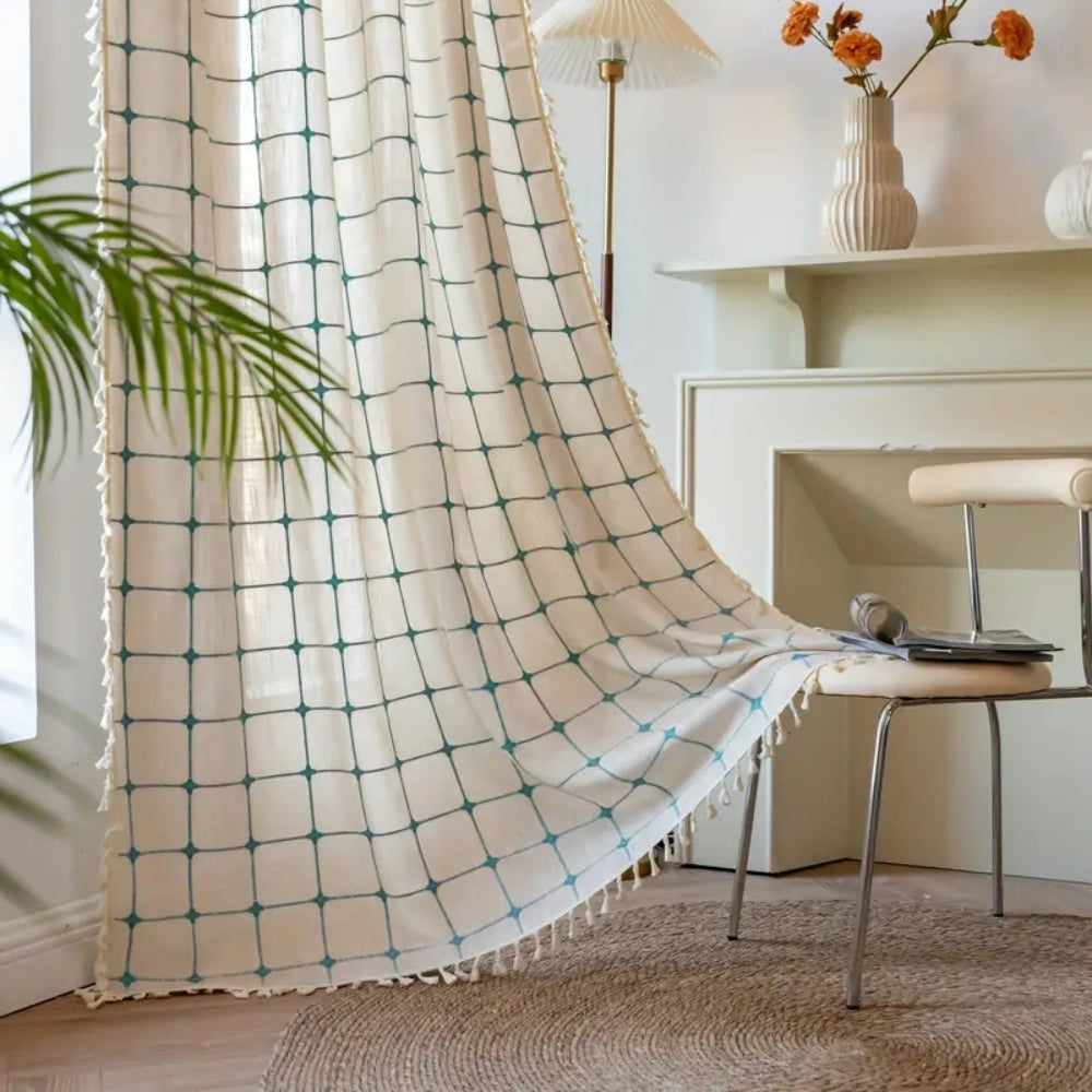 Rideau boho à pompons Turquoise Lattice