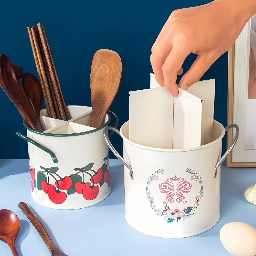Panier à ustensiles fleuri avec couvercle séparateur