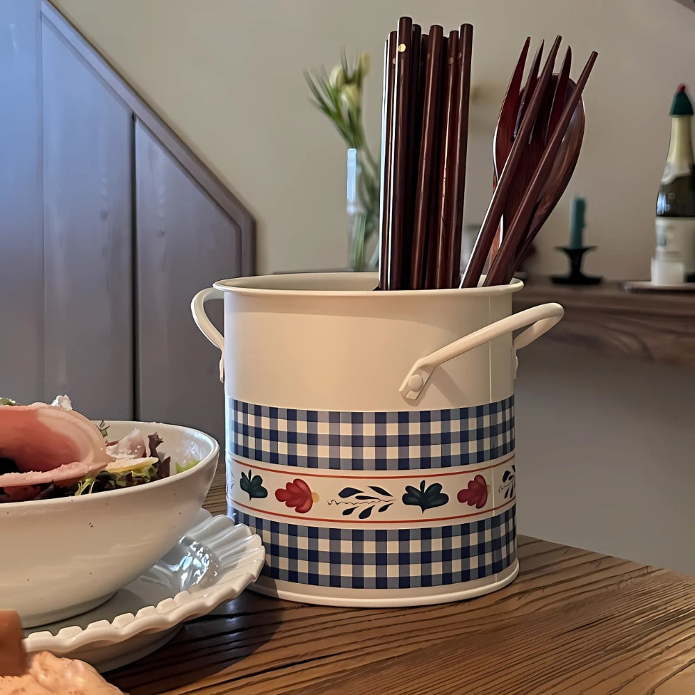 Panier à ustensiles fleuri avec couvercle séparateur