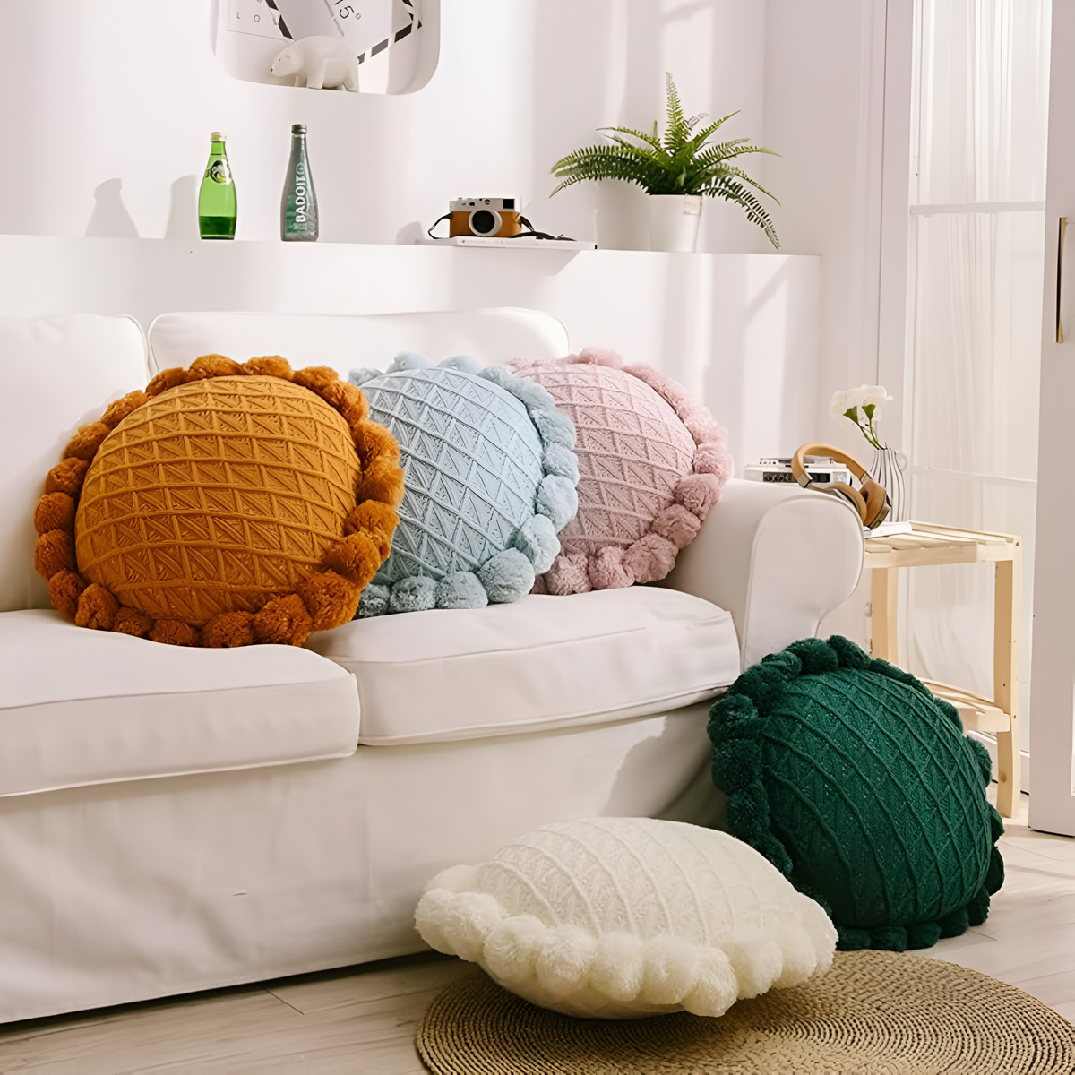 Coussin tournesol à pompons – Bleu