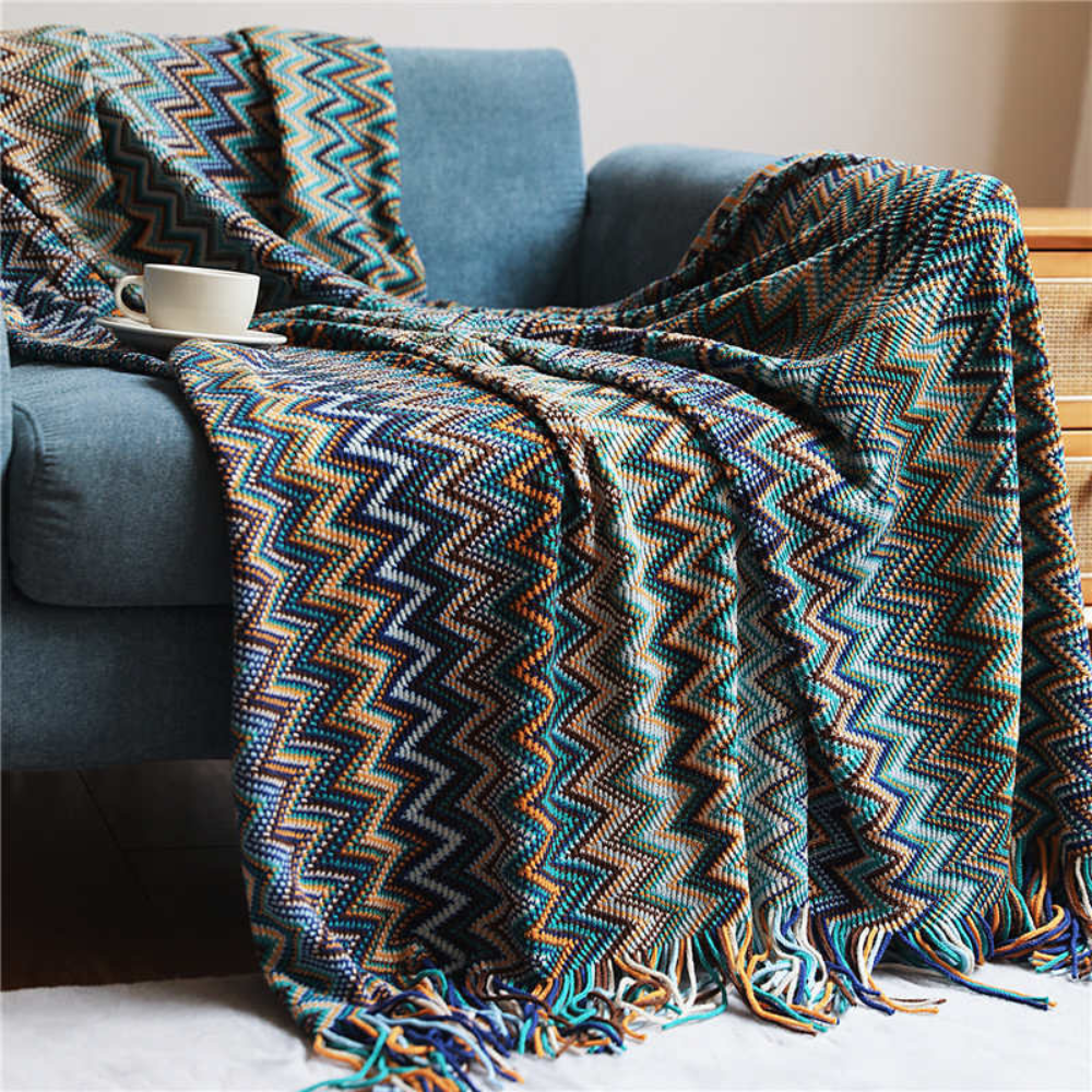 Plaid tricoté à pompons zigzag multicolore – Malachite Vert