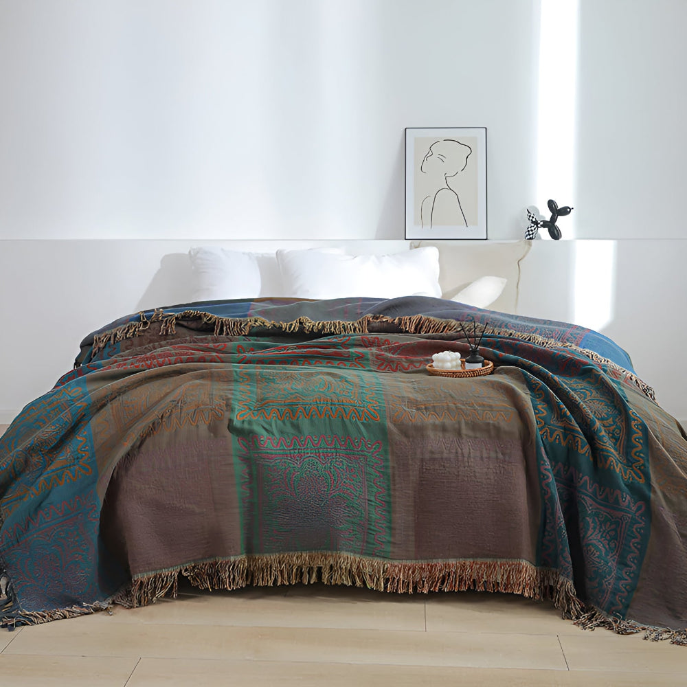 Plaid en coton à pompons mandala
