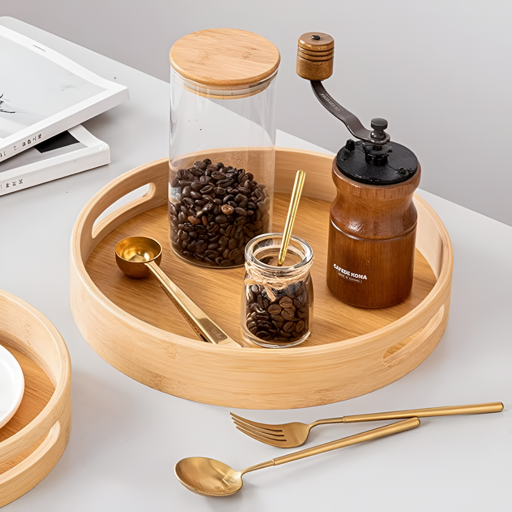 Plateau de service rond en bambou