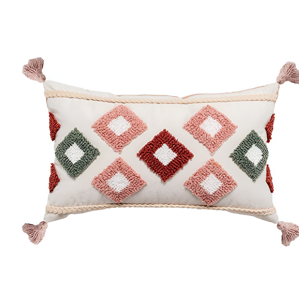 Housse de coussin boho brodée et touffetée