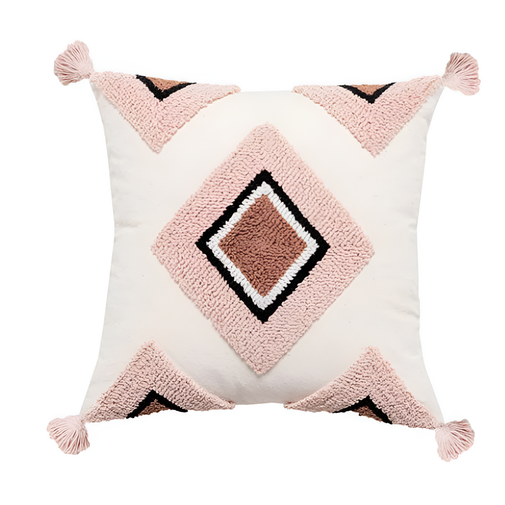 Housse de coussin boho brodée et touffetée