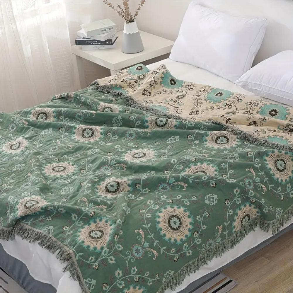 Plaid réversible en coton mandala rétro – Vert
