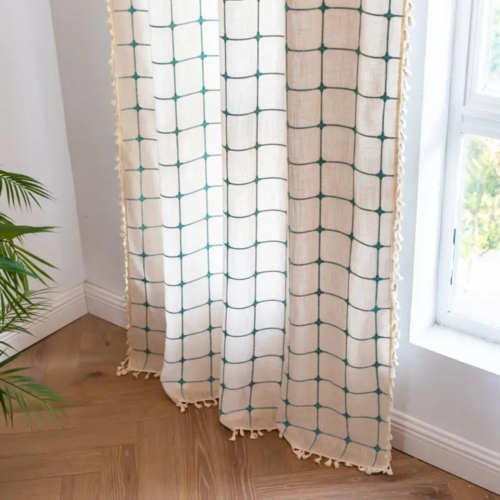 Rideau boho à pompons Turquoise Lattice