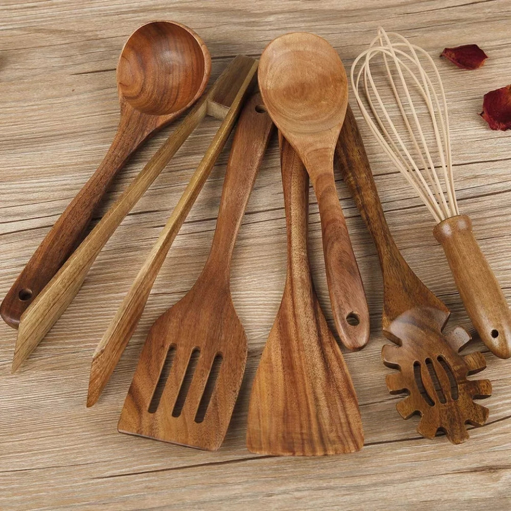 Ustensiles de cuisine en bois premium | Lot de 7