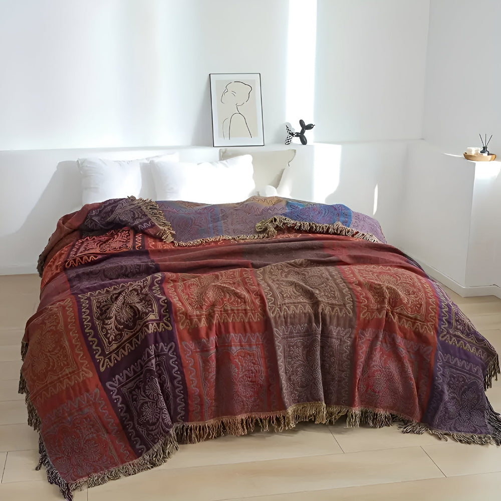 Plaid en coton à pompons mandala