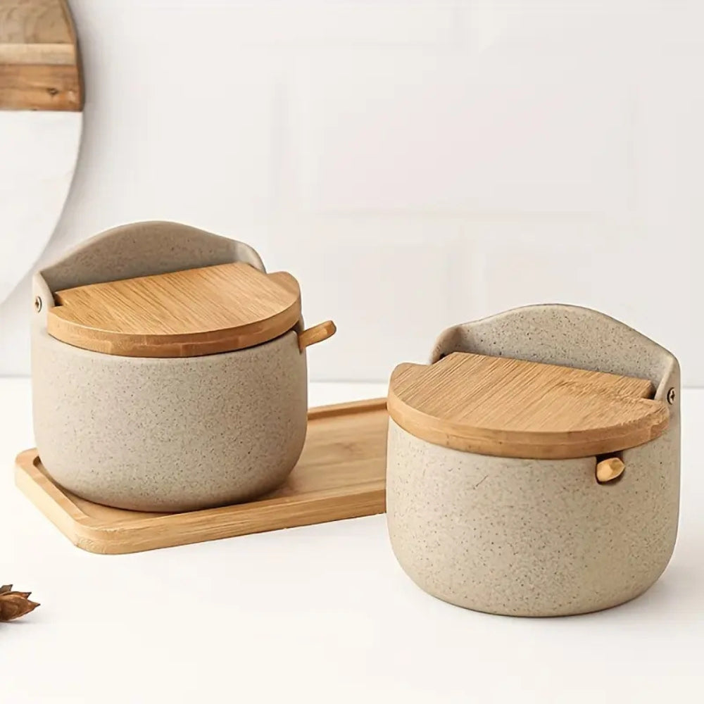 Set de pots à épices en céramique et bambou