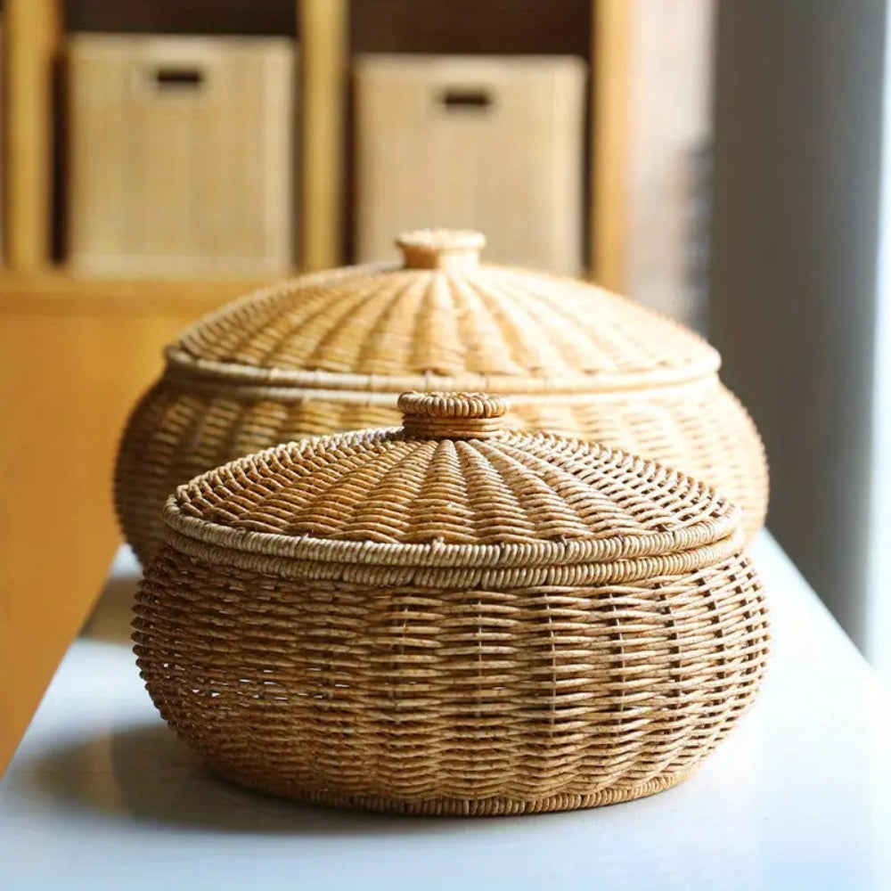 Panier en rotin tressé à couvercle dôme