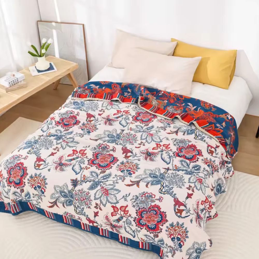 Plaid en coton Retro Botanica – Crimson Bloom