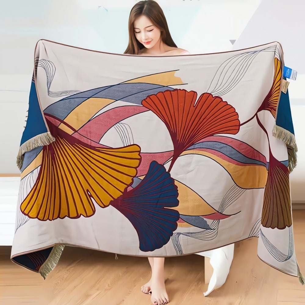 Serviette en coton à pompons feuilles de ginkgo