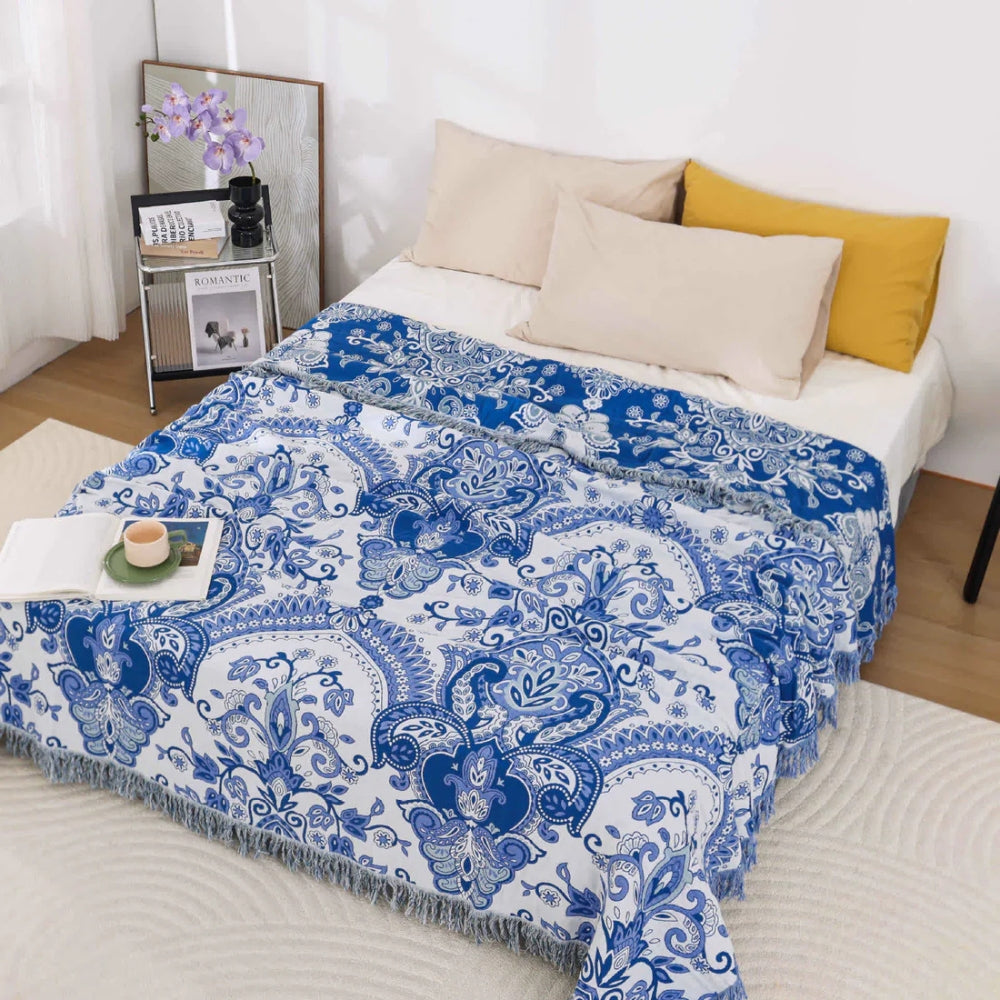Plaid en coton à pompons Paisley Dream – Bleu