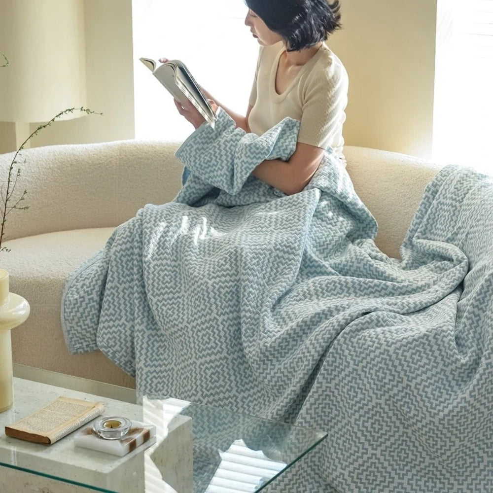 Plaid en pur coton motif labyrinthe – Bleu