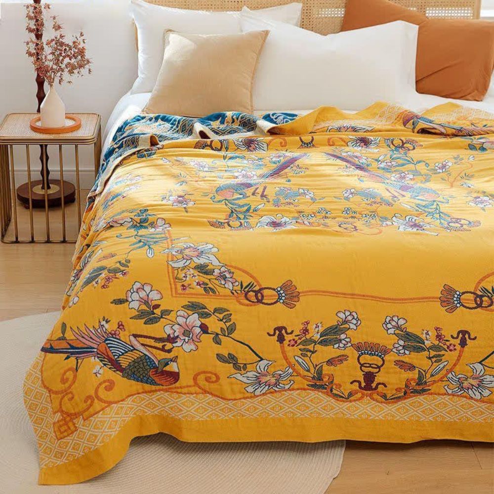 Plaid en coton fleurs et oiseaux – Jaune & Bleu foncé