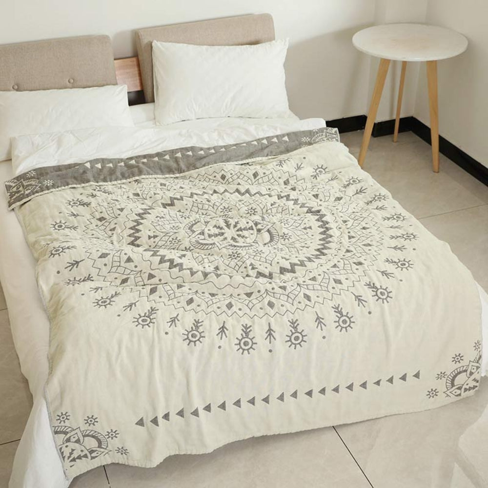 Plaid réversible en coton motif mandala – Gris & Beige