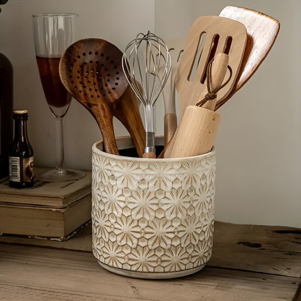 Pot à ustensiles en céramique fleuri