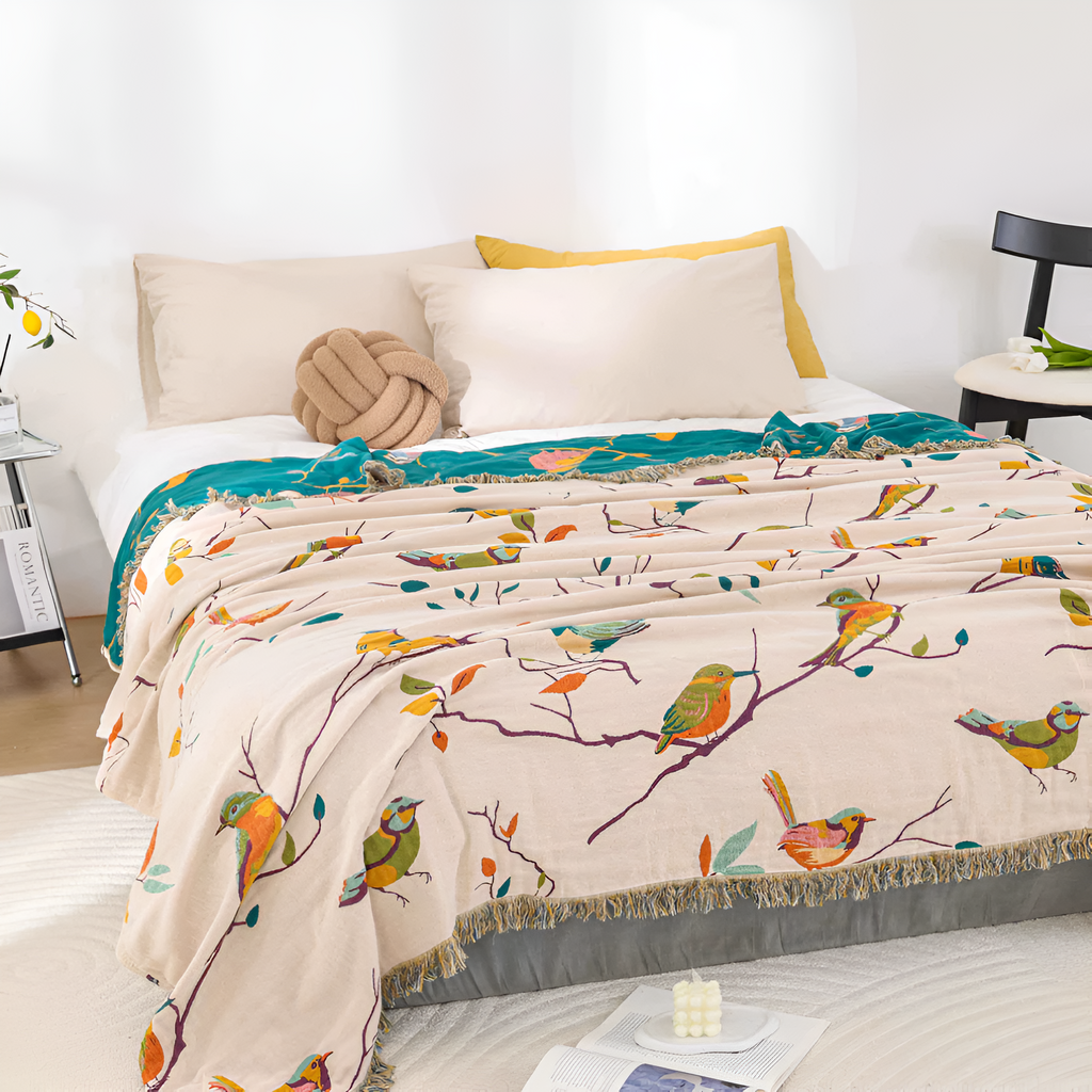 Plaid en coton à pompons motif oiseaux – Queen