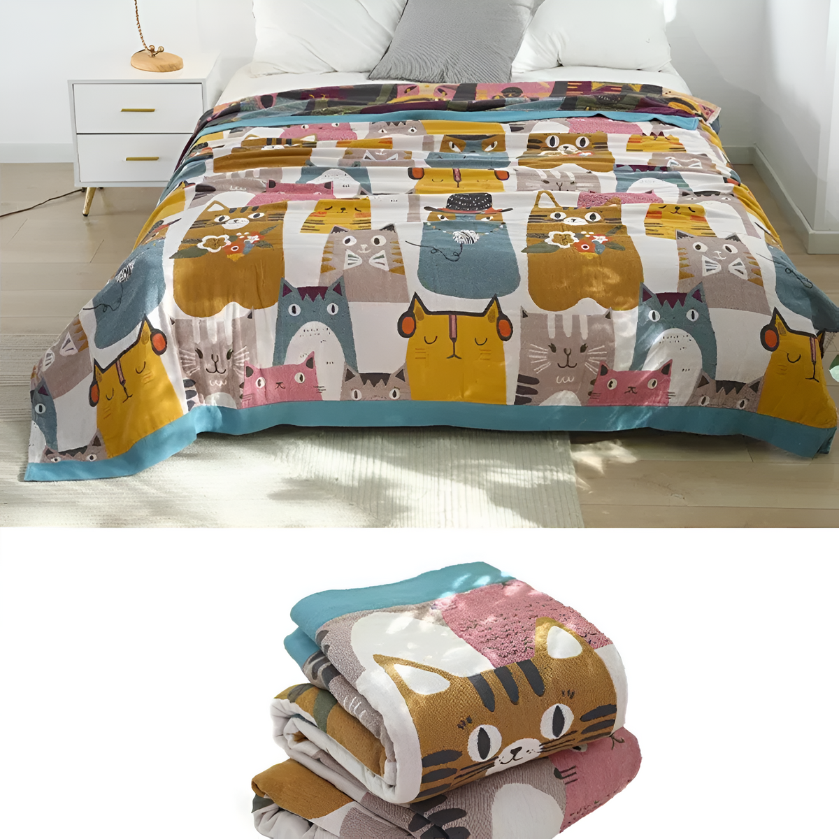 Plaid réversible en coton motif chats