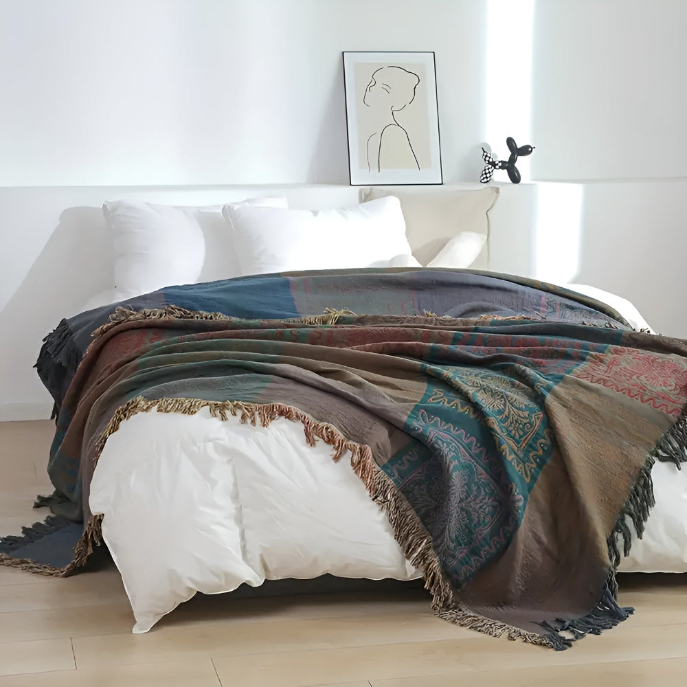 Plaid en coton à pompons mandala
