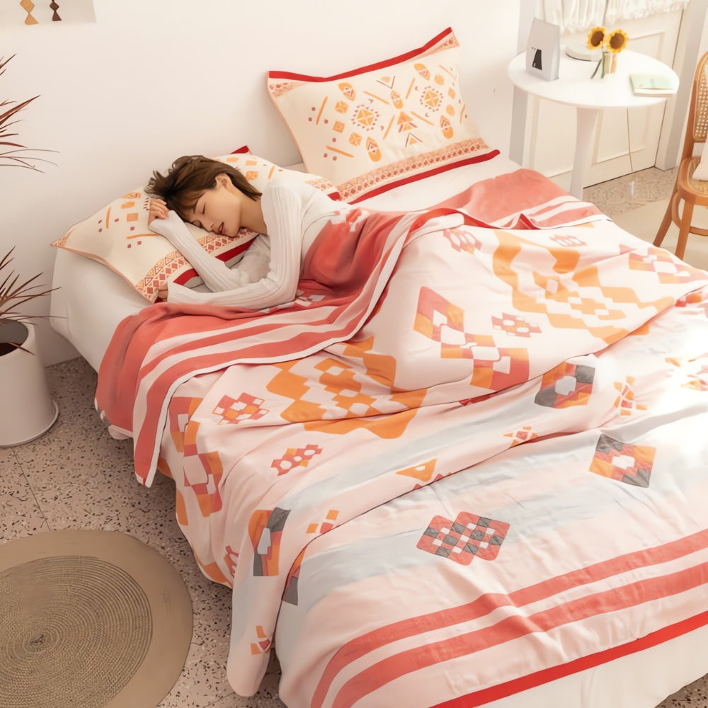 Plaid en coton quatre couches à chevrons – Pêche Corail