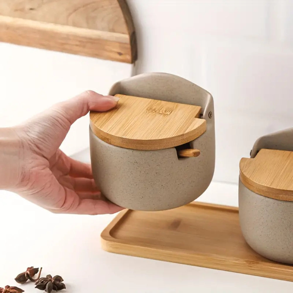 Set de pots à épices en céramique et bambou