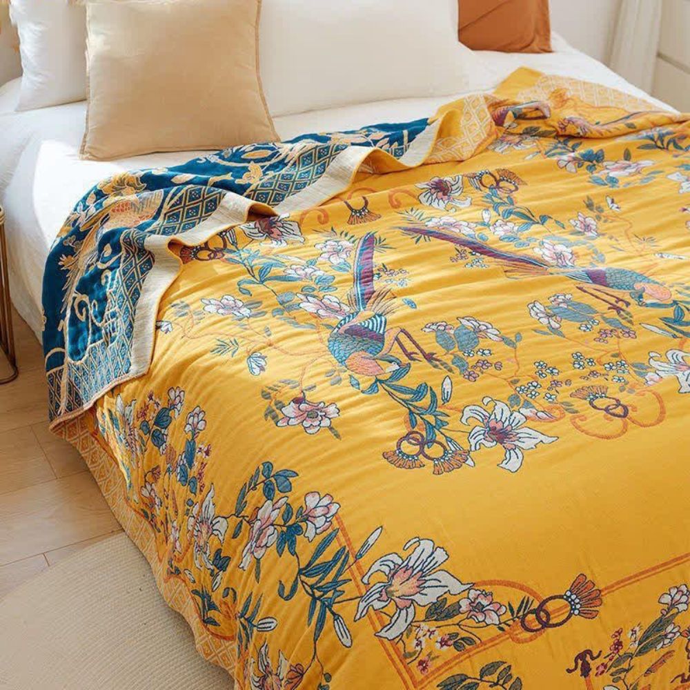 Plaid en coton fleurs et oiseaux