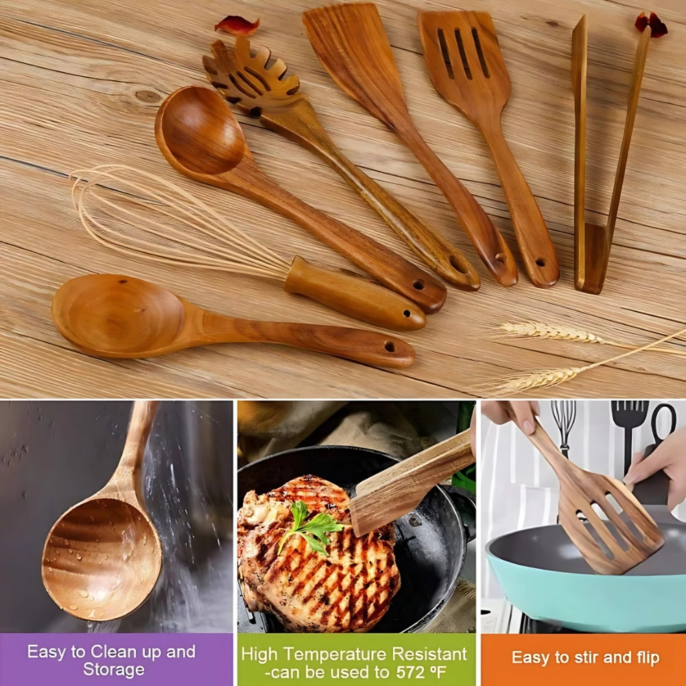 Ustensiles de cuisine en bois premium | Lot de 7