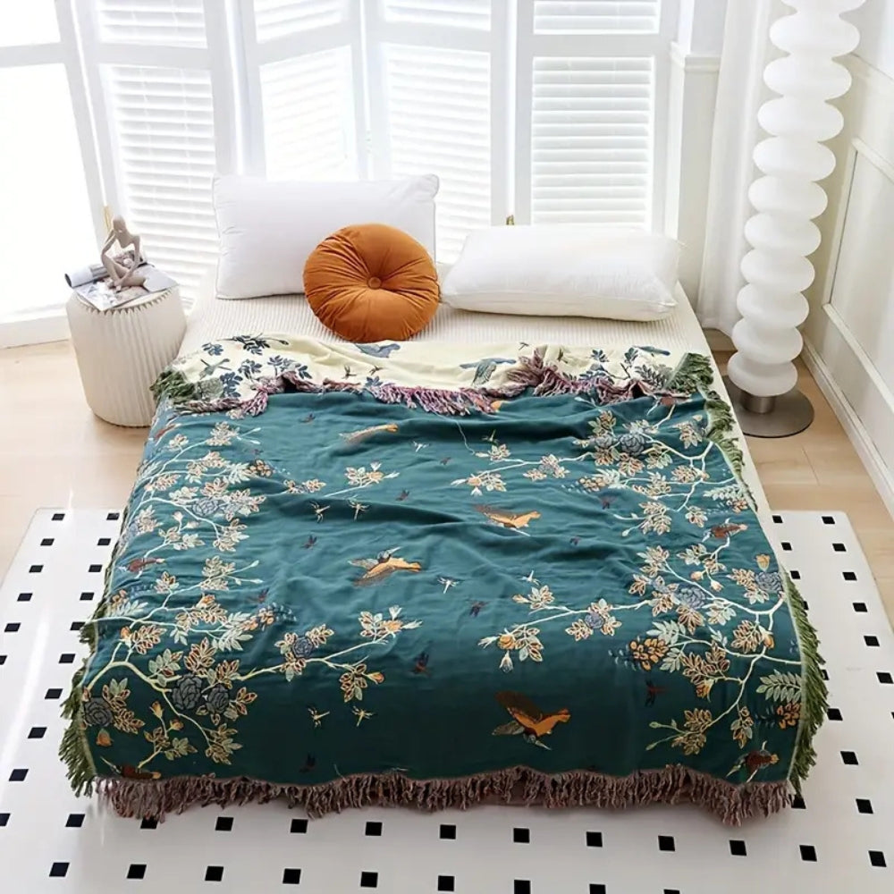 Plaid en coton multicouche ornemental – Foncé & Vert Beige