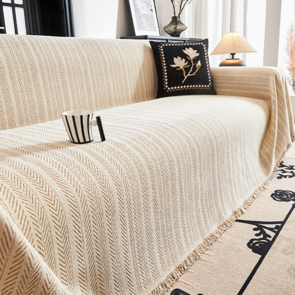 Housse de canapé en chenille à pompons chevrons – Beige