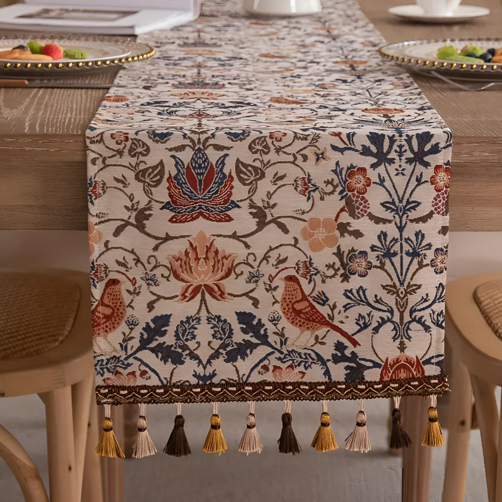 Chemin de table jacquard vintage fleurs et oiseaux – 13"x55"