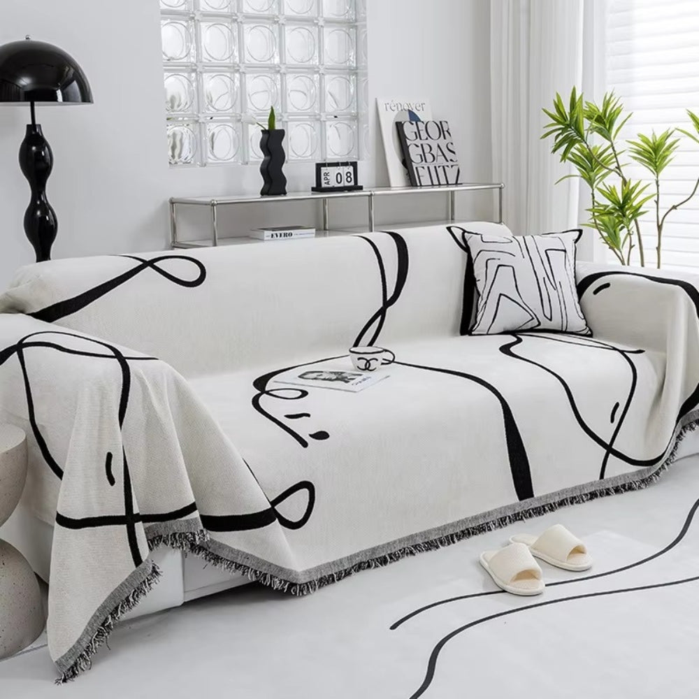 Housse de canapé réversible en chenille lignes abstraites – Mocha Crème
